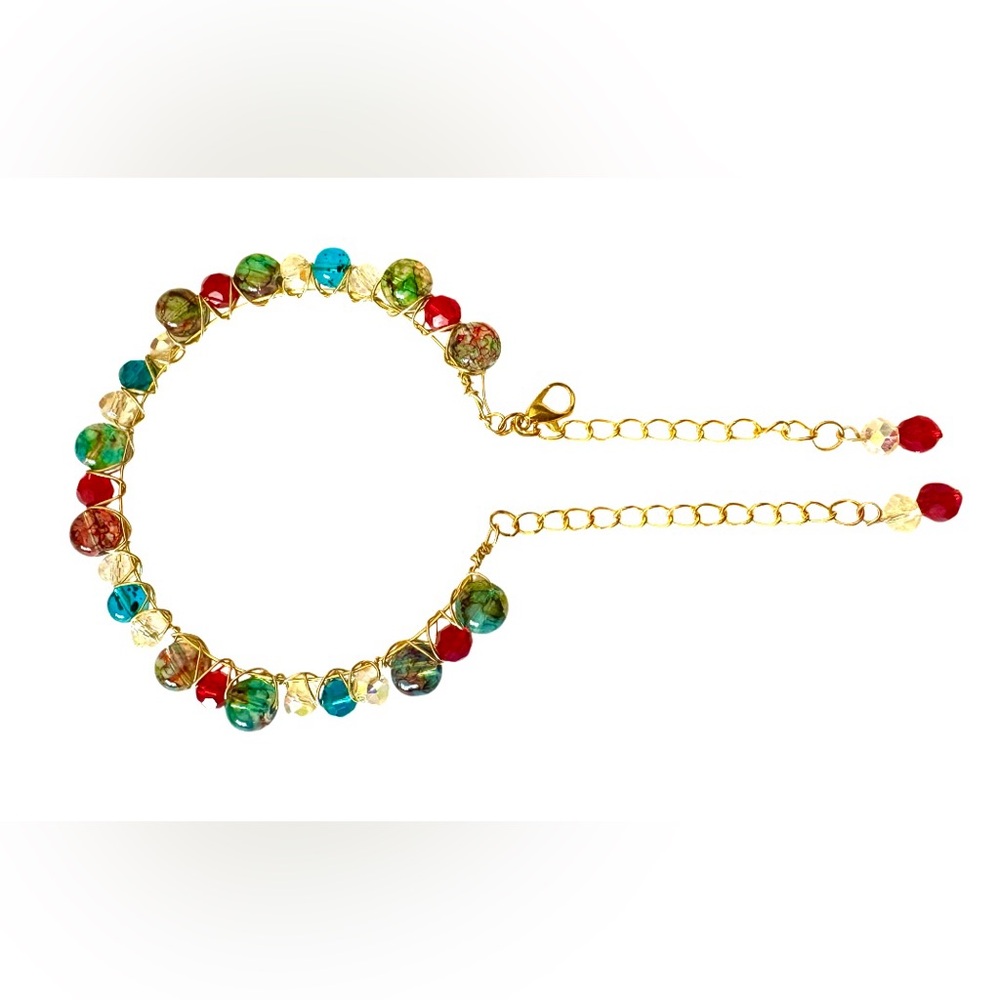 Stained glass and Crystal Beads Hand Wired Bracelet with Extender Chains